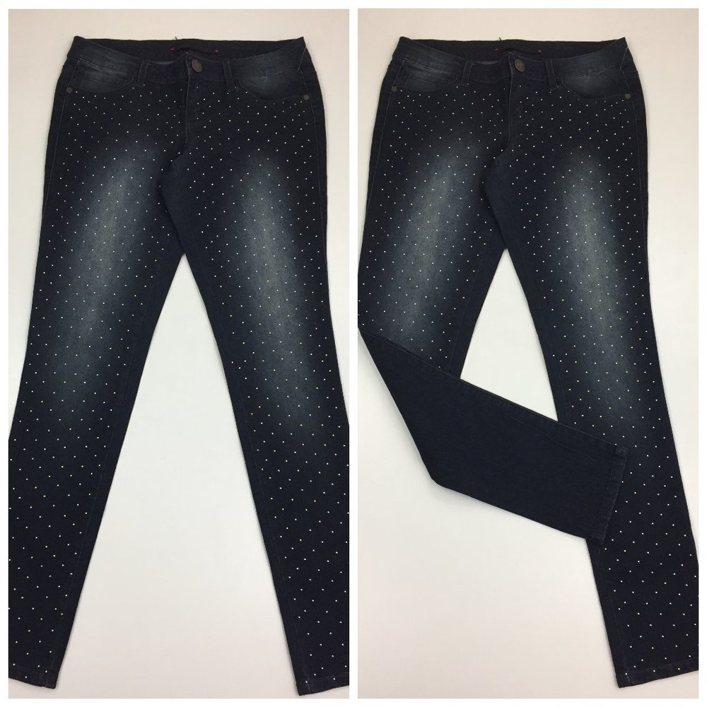 NWOT MATERIAL GIRL Womens Junior sz 7 Dark Wash Gold Mini Studded Skinny Jeans